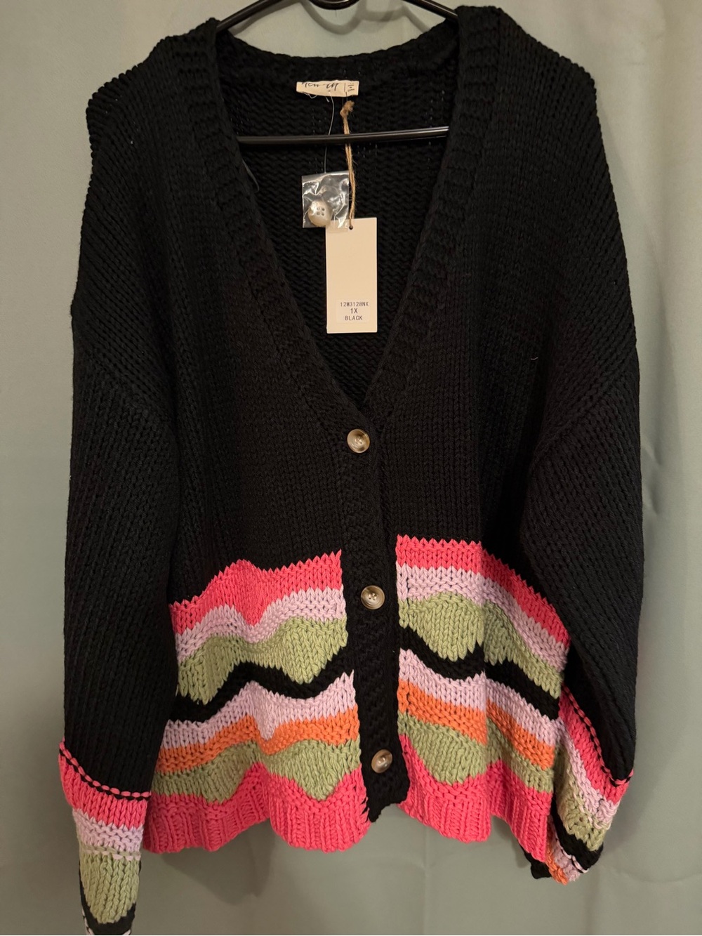 Black V-Neck Cardigan with Pink & Green Wave Trim